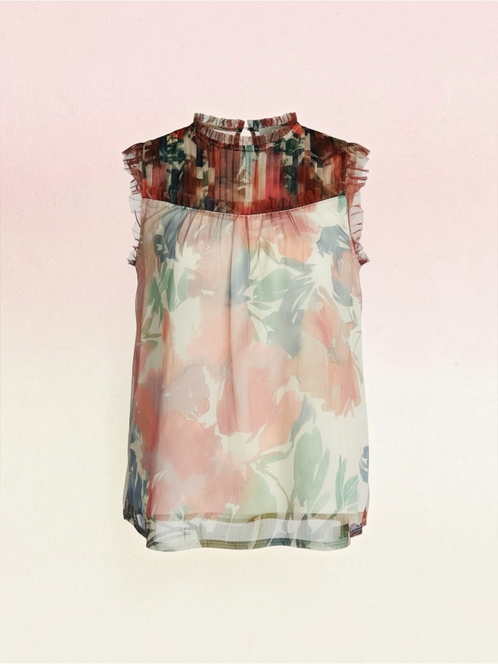 NWT CUPIO Blush Floral Mesh Mock Neck Sleeveless Blouse Top S